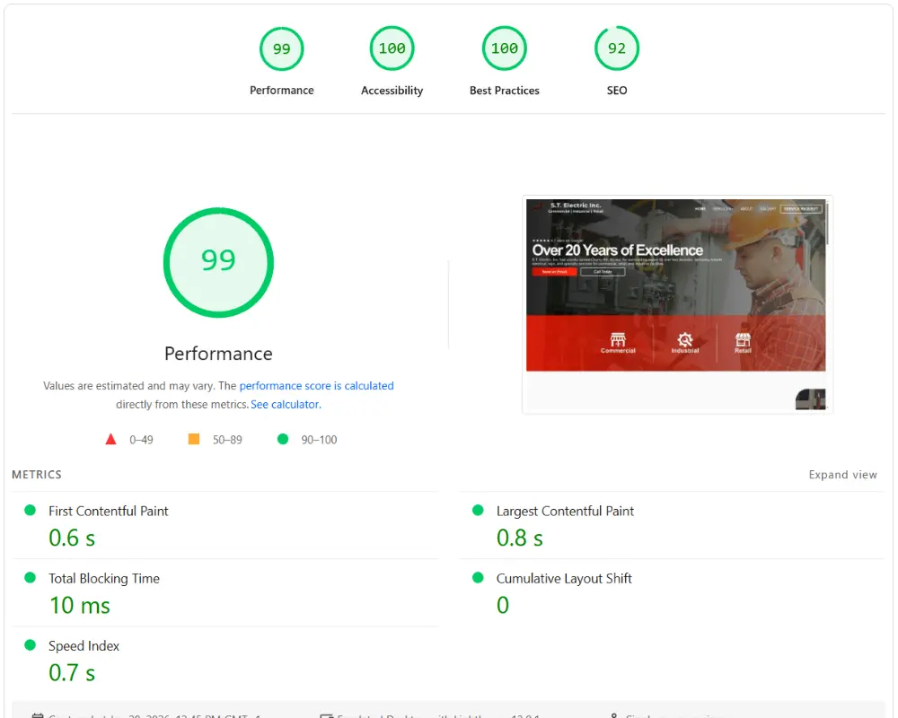 Cherry Hill Web Dev small business website consistently scoring 95-100 on all Google PageSpeed Insights metrics.